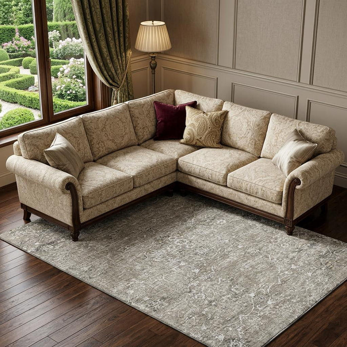 8' X 10' Floral Medallion Distressed Washable Area Rug With UV Protection (644208) - Stone / Coffee