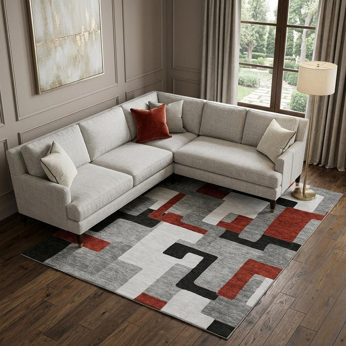 10' X 14' Geometric Washable Area Rug With UV Protection (675708) - Gray / Black / Red