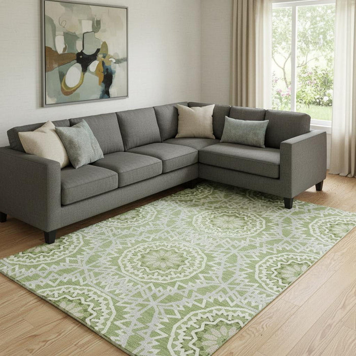 10' X 14' Geometric Washable Area Rug With UV Protection (652227) - Green / Ivory