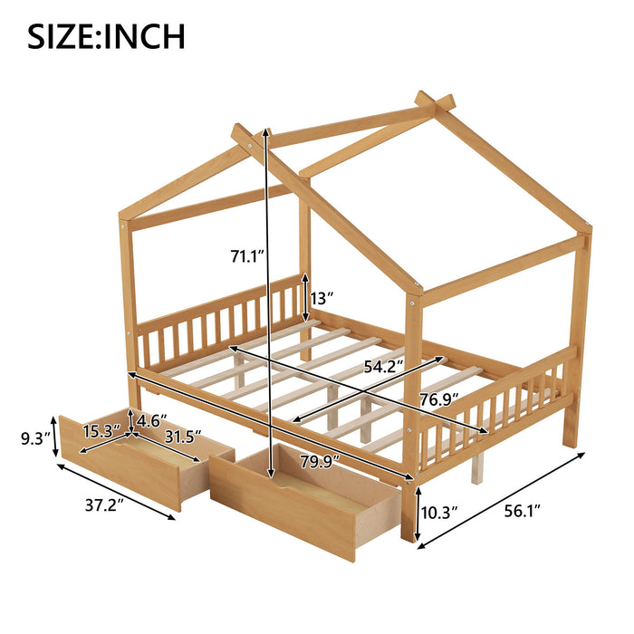 Giga house style platform storage bed with headboard, footboard, two drawers, and roof design in a modern bedroom setting.