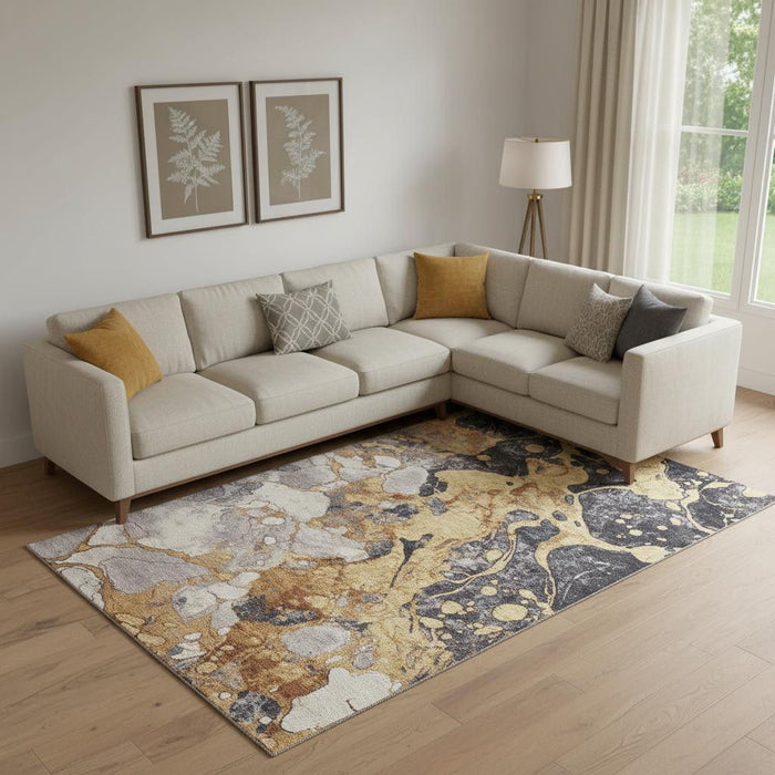 10' X 14' Abstract Washable Area Rug With UV Protection (707773) - Gold / Gray / Ivory