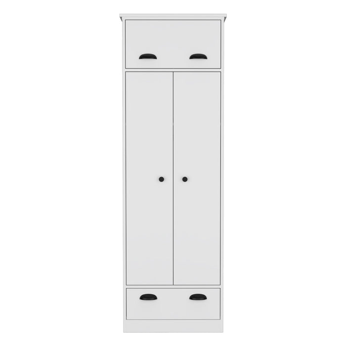 White Giga wardrobe dresser with upper storage, hanging clothes tube, two central shelves, and a bottom drawer.