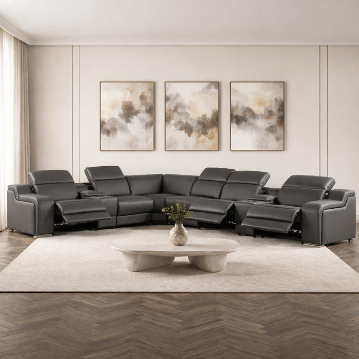 Italian Leather Power Reclining Curved Eight Piece Corner Sectional With Console - Gray