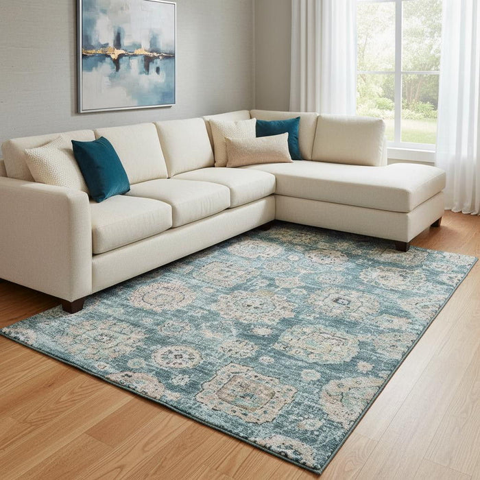 10' X 14' Floral Washable Area Rug With UV Protection (653230) - Teal / Beige