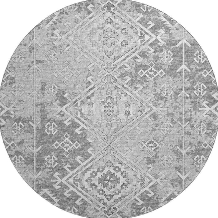 8' Geometric Washable Round Rug With UV Protection - Ash Gray And Ivory