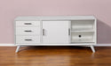 Mahogany solids and veneer open shelving TV stand in white with sleek design, perfect for modern living room organization.