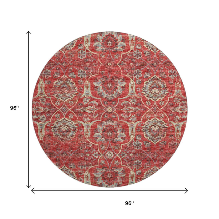 8' Floral Medallion Distressed Washable Round Rug With UV Protection (644589) - Red / Beige