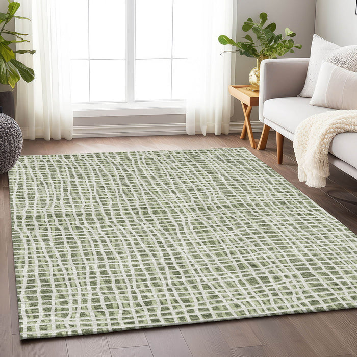 10' X 14' Striped Washable Area Rug With UV Protection - Green / Ivory