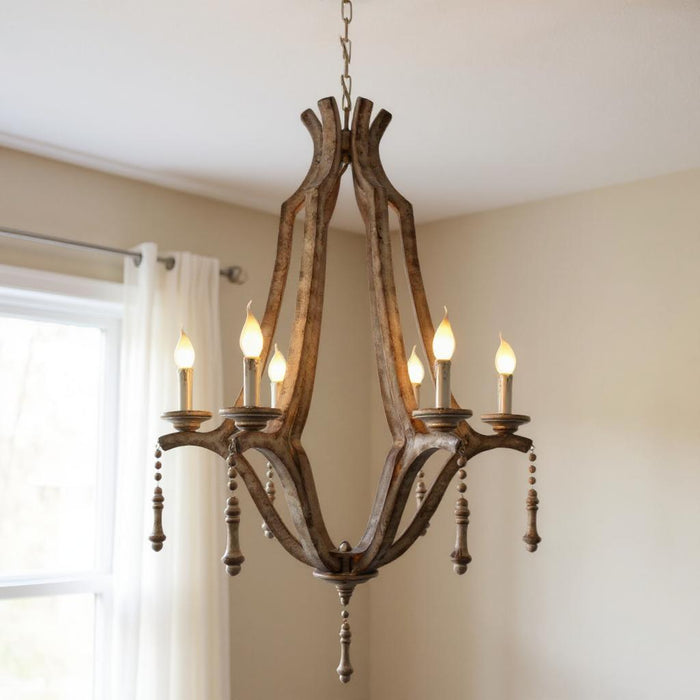 Candle Style Six Light Metal Chandelier - Brown