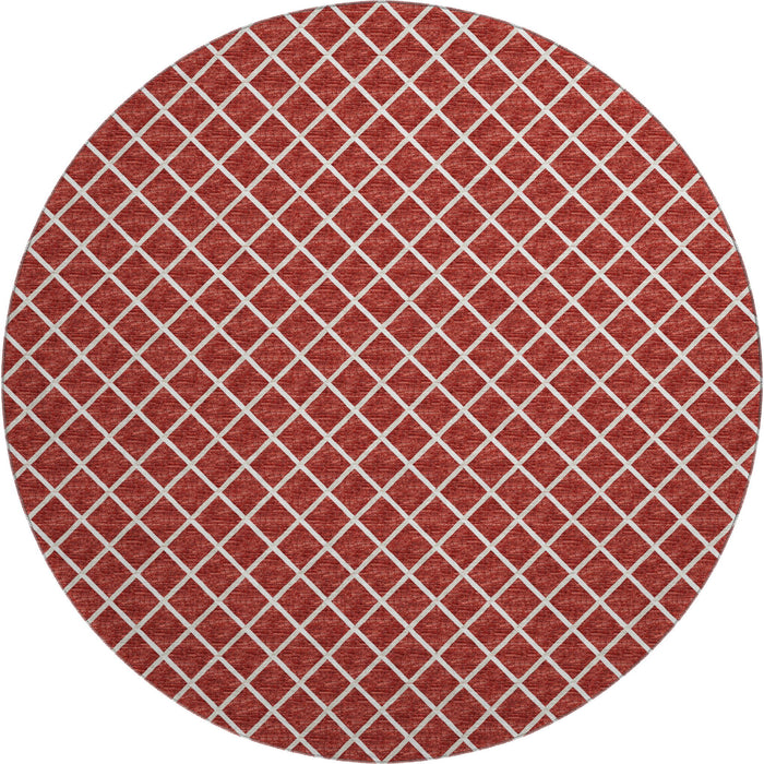 8' Geometric Washable Round Rug With UV Protection - Red / Ivory