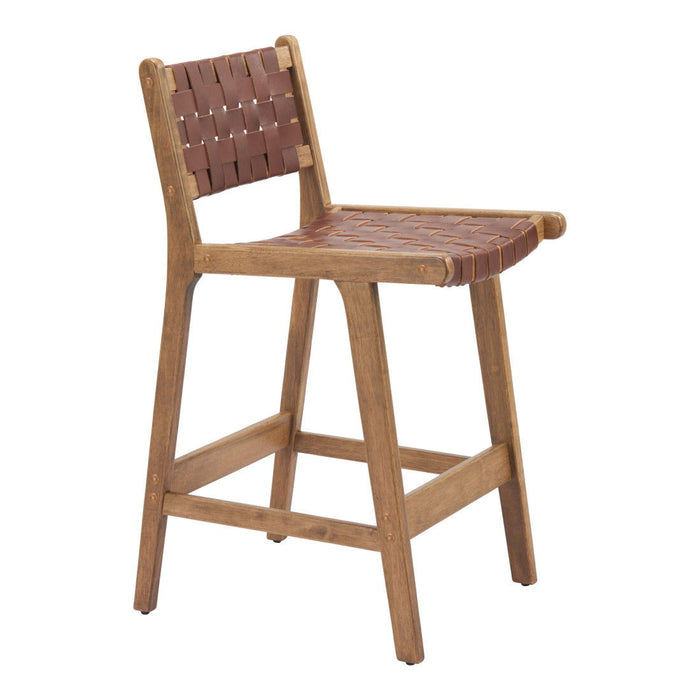 Leather And Solid Wood Low Back Counter Height Bar Chair - Brown
