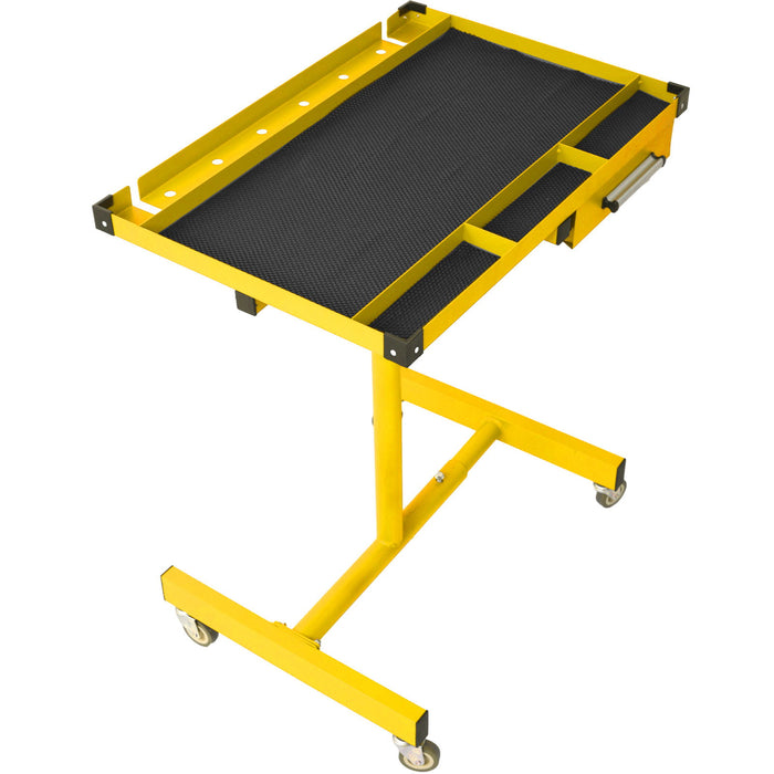 Giga adjustable tear down work table with drawer, heavy-duty steel frame, rubber corners, four swivel casters, for garage or workshop use