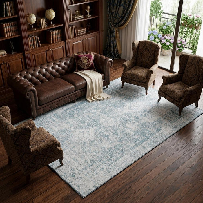 10' X 14' Oriental Washable Area Rug With UV Protection (692016) - Sky Blue / Silver