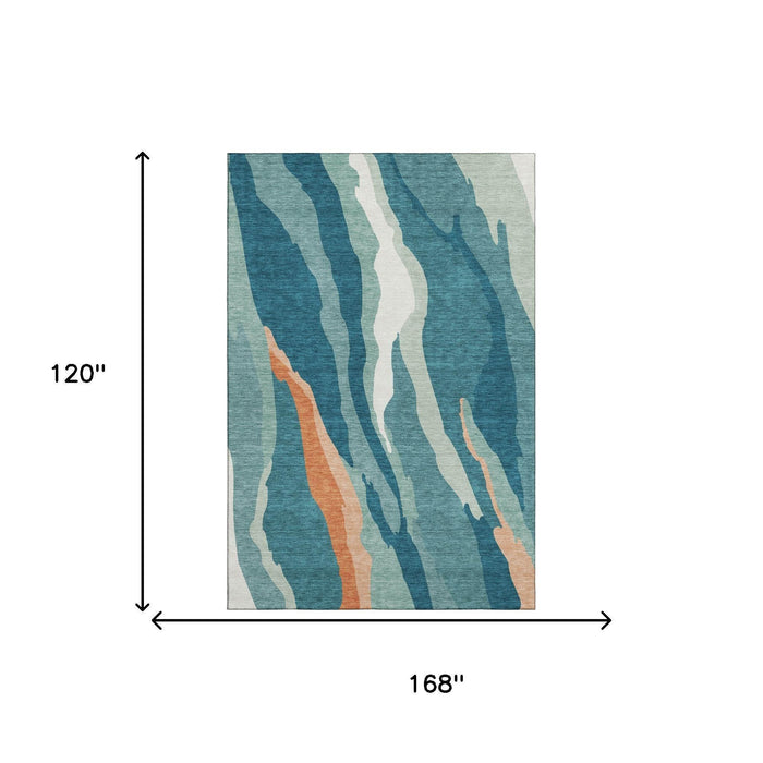 10' X 14' Abstract Washable Area Rug With UV Protection (682163) - Teal / Orange / Ivory