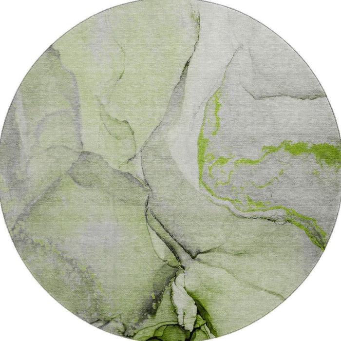8' Abstract Washable Round Rug With UV Protection (646825) - Green / Gray / Ivory