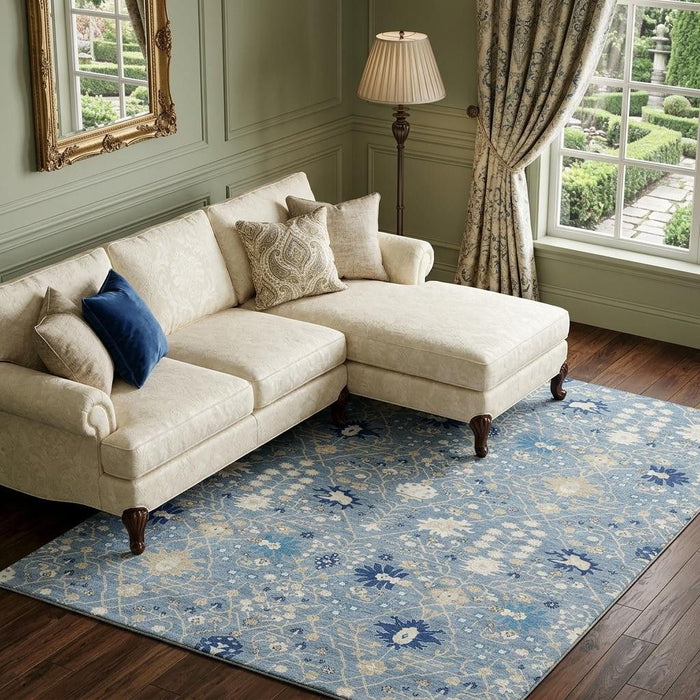 10' X 14' Oriental Washable Area Rug With UV Protection (679198) - Denim Blue / Beige / Ivory