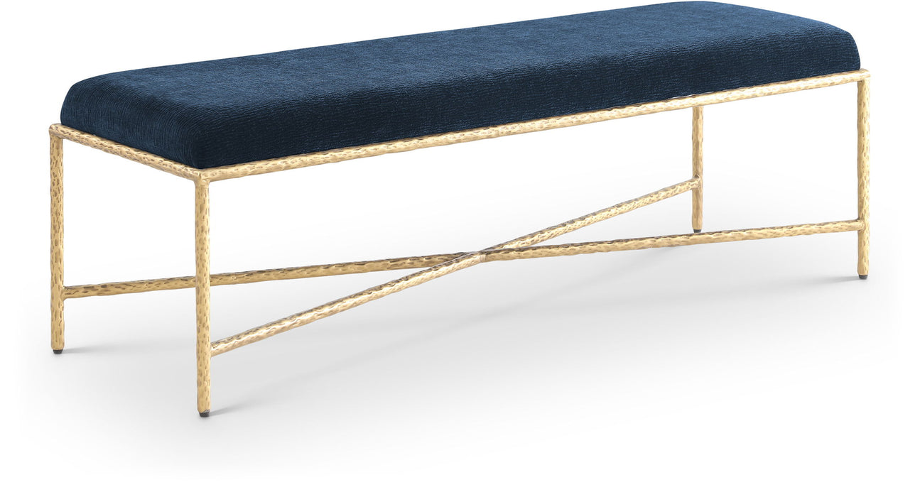 Upholstered Valley bench with a sleek gold frame and cushioned seating, modern design by Meridian Furniture.