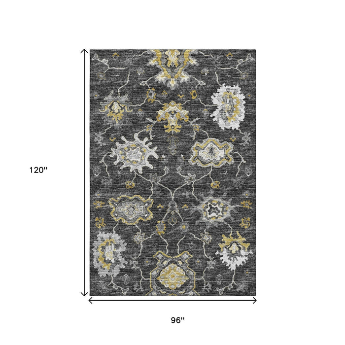 8' X 10' Floral Medallion Distressed Washable Area Rug With UV Protection (644614) - Graphite / Ivory / Gold