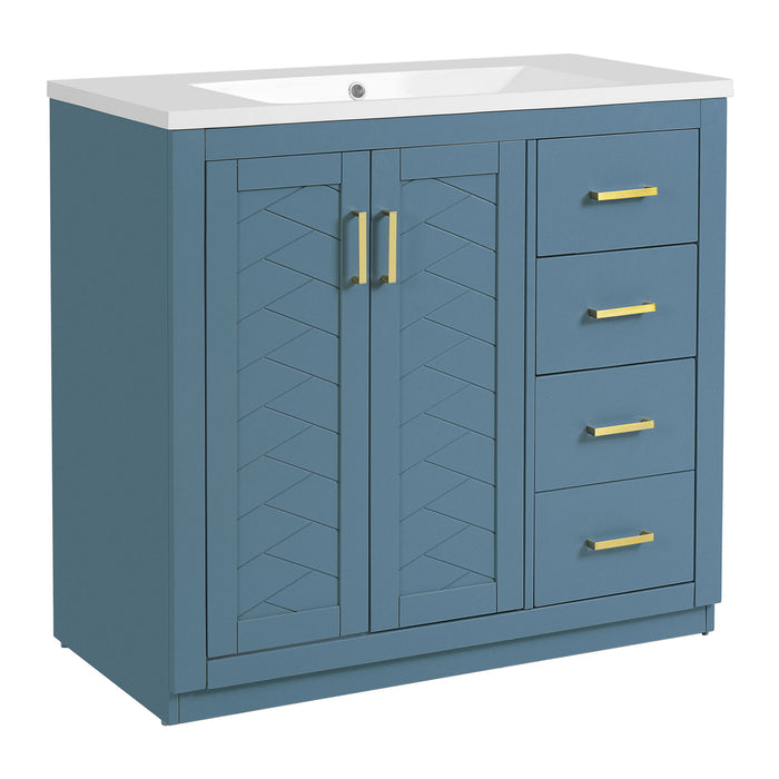 Giga bathroom vanity with sink, storage cabinet, three drawers, and soft-closing doors in a freestanding design.
