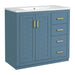 Giga bathroom vanity with sink, storage cabinet, three drawers, and soft-closing doors in a freestanding design.
