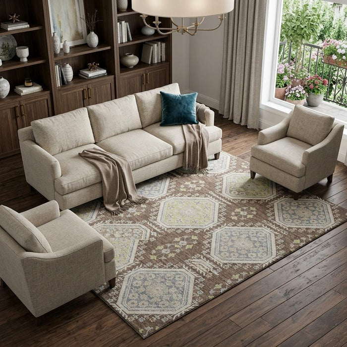 10' X 14' Floral Washable Area Rug With UV Protection (693726) - Chocolate / Beige / Blue