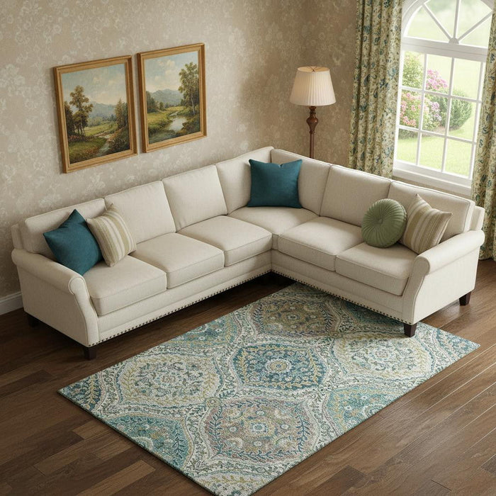 10' X 14' Floral Washable Area Rug With UV Protection (710304) - Teal / Ivory / Beige