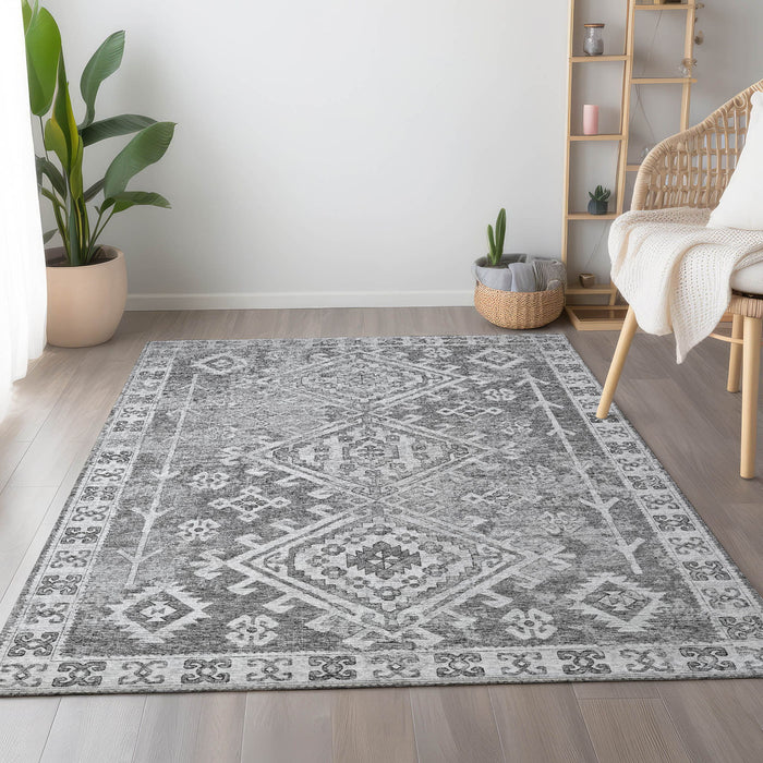 8' X 10' Geometric Washable Area Rug With UV Protection - Ash Gray And Ivory