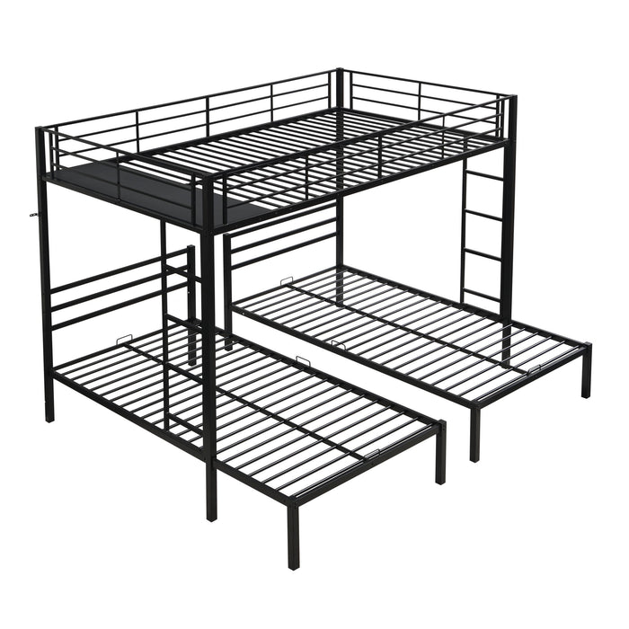 Black Giga modern metal triple bunk bed with vertical ladder, safety rail, and built-in storage shelf in a contemporary bedroom setting.