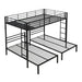 Black Giga modern metal triple bunk bed with vertical ladder, safety rail, and built-in storage shelf in a contemporary bedroom setting.