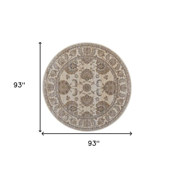 7.8' x 7.8' Round Oriental Power Loom Distressed Area Rug - Ivory And Brown