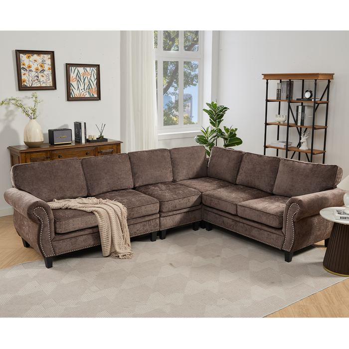 [NEW ARRIVED] [VIDEO PROVIDED] 109.5' Modular Sectional Sofa , Rivets Decorated & Rolled Armrest,L Shaped Couch for Living Room, Corner Couch, Chenille,6 Seater,7 Back Cushion,  Chocolate