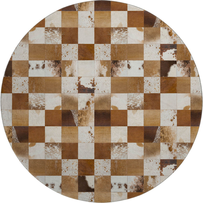 8' Patchwork Washable Round Rug With UV Protection (644727) - Brown / Ivory