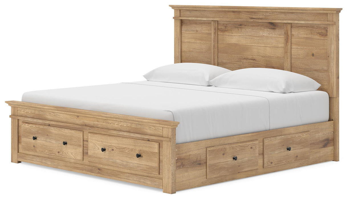 Signature Design by Ashley Makidern Panel Storage Bed with built-in drawers and sleek wood finish in a modern bedroom setting.