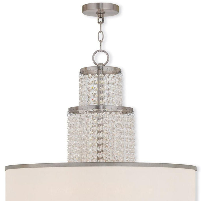 Six-light metal chandelier by HomeRoots with clear and off-white shades, dimmable nickel finish for elegant lighting.