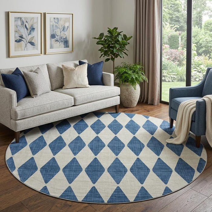 8' Diamond Washable Round Rug With UV Protection (650071) - Navy Blue / Ivory