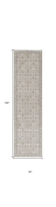 10' Oriental Power Loom Runner Rug With Fringe - Gray And Ivory