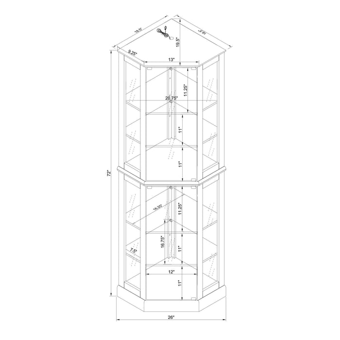 Giga 6-shelf corner curio display cabinet with built-in lights, mirrors, and adjustable shelves for showcasing collectibles
