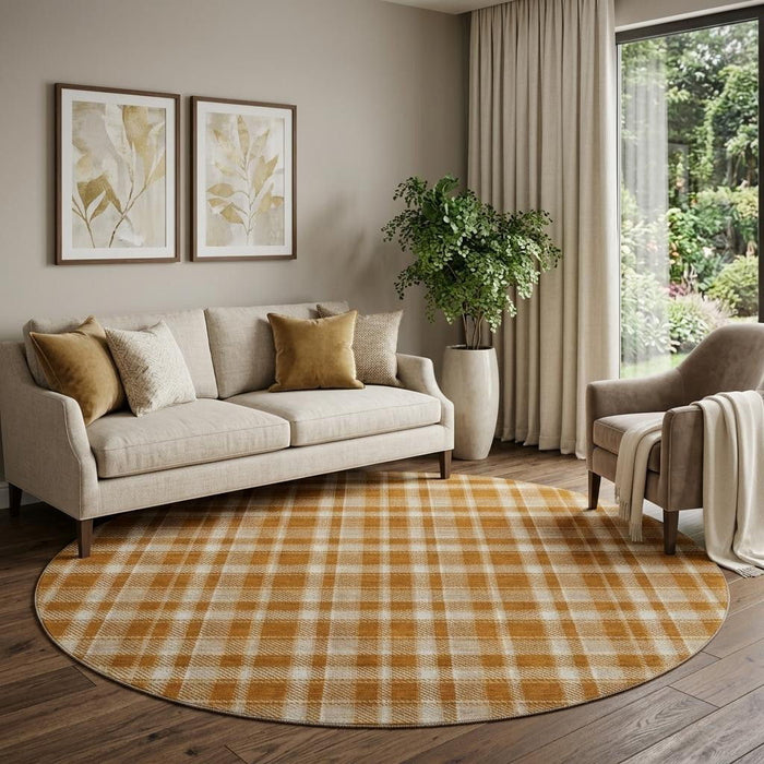 8' Plaid Washable Round Rug With UV Protection (649453) - Rust / Ivory