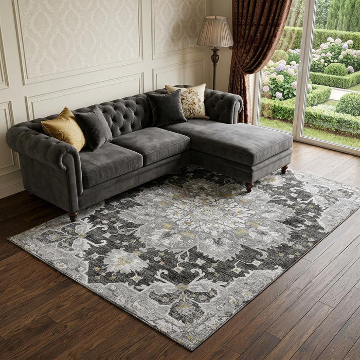 8' X 10' Floral Medallion Distressed Washable Area Rug With UV Protection (644548) - Graphite / Gold / Charcoal