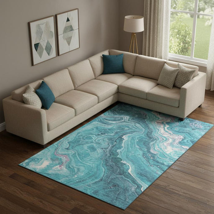 10' X 14' Abstract Washable Area Rug With UV Protection (697644) - Teal / Gray / Silver