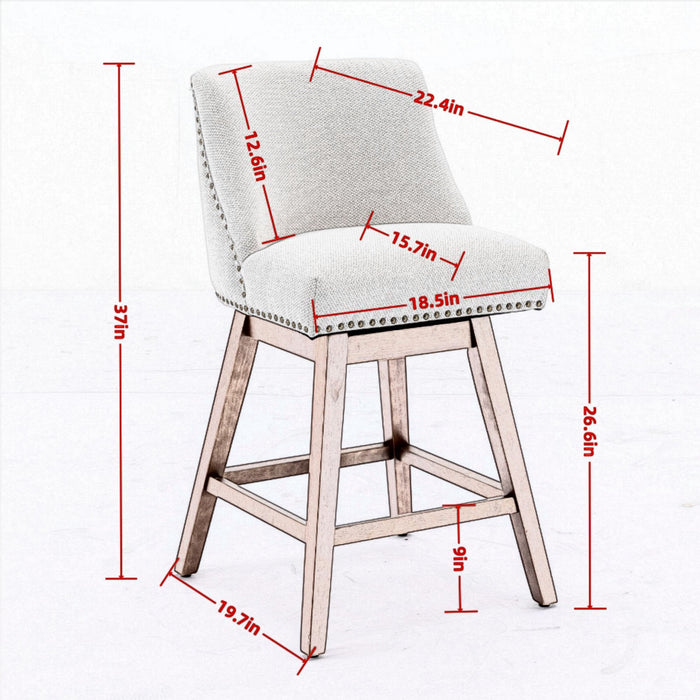 Set of two Giga counter height swivel barstools with 26-inch upholstered fabric seats and wooden bases.