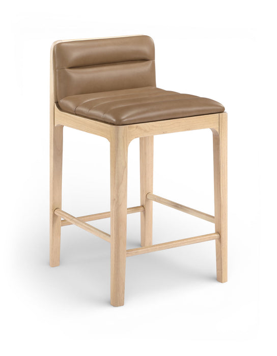 Set of two Meridian Furniture Ellis vegan leather counter stools with tan upholstery, featuring upholstered seats and natural wood legs.