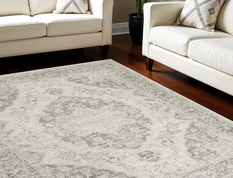 9' X 12' Floral Medallion Distressed Area Rug - Ivory And Gray