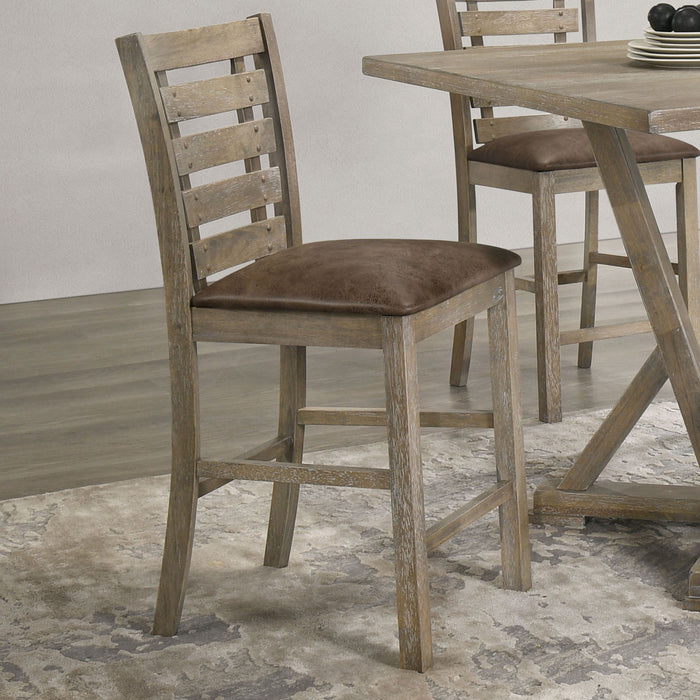 Set of 2 Giga modern farmhouse grayish brown ladderback dining counter height chairs with distressed wood finish