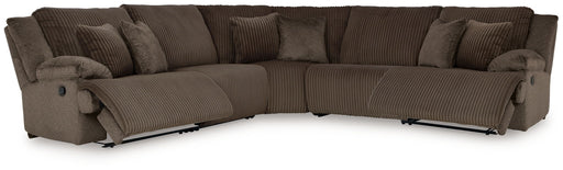 Signature Design by Ashley reclining sectional with five plush upholstered sections, featuring adjustable reclining seats and modern design.