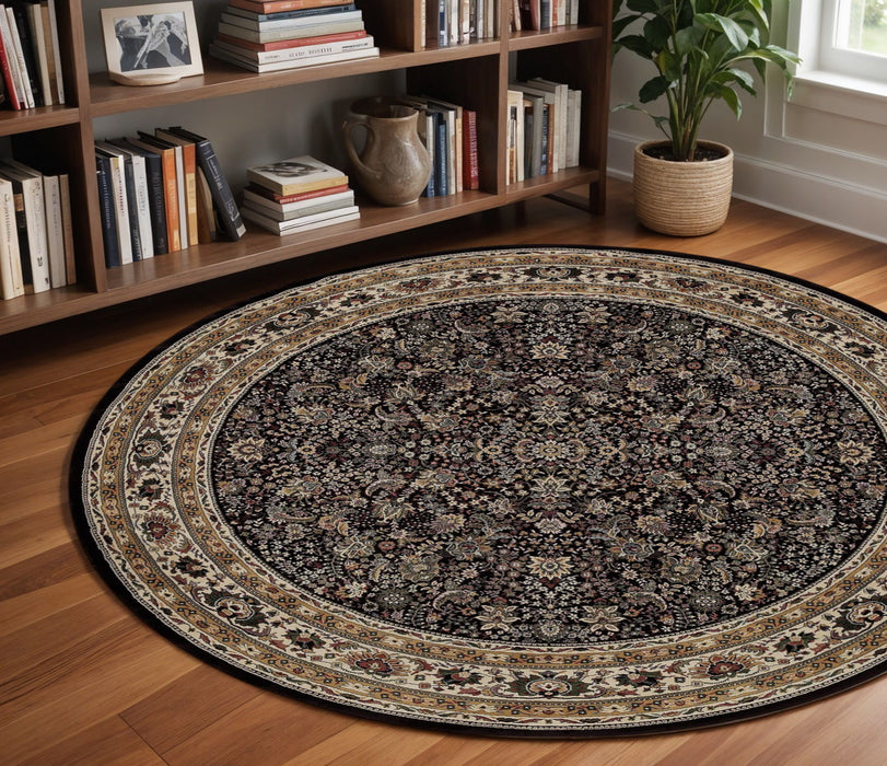 8' Oriental Round Rug - Black / Ivory