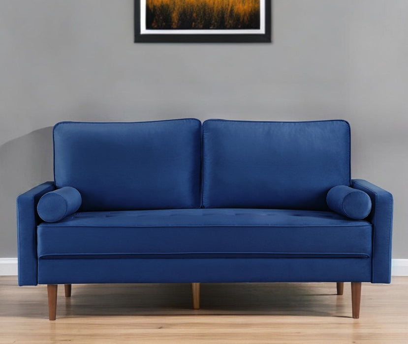 Velvet Sofa And Toss Pillows With Dark Brown Legs - Blue