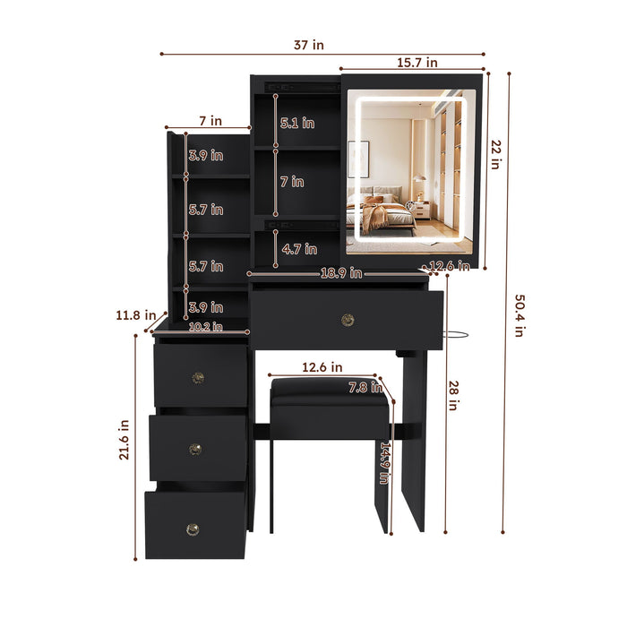 Black Giga vanity desk with 3 LED lighting modes, 4 drawers, open shelves, hairdryer holder, power socket, and matching chair.
