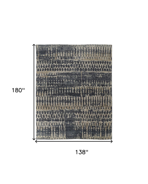 12' x 15' Wool Abstract Hand Knotted Area Rug - Blue Gray And Tan
