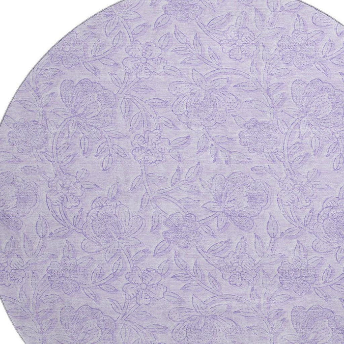 8' Floral Washable Round Rug With UV Protection - Lilac And Ivory